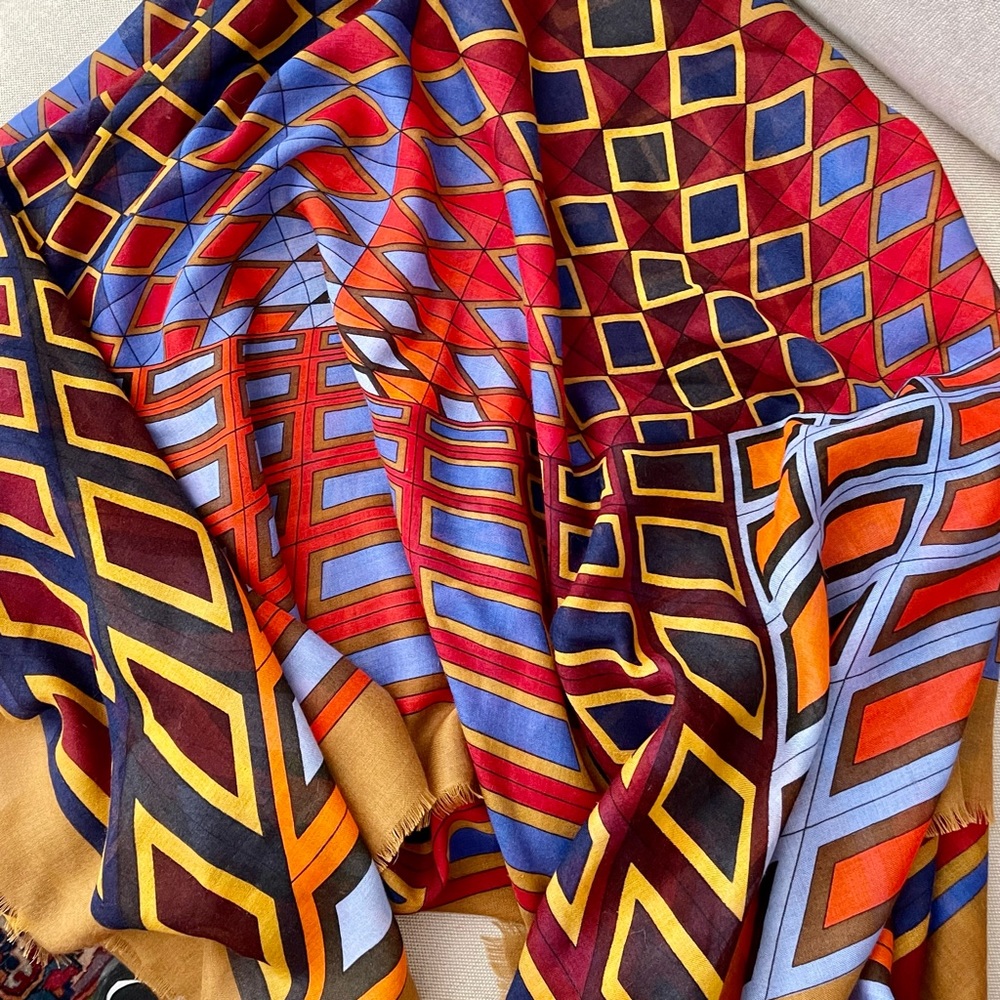 Stunning Designer Geometric Multi-color Print Cashmere and Silk Unique Shawl